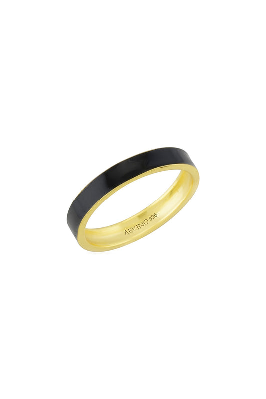 Gold Finish Black Enamel Ring In Sterling Silver