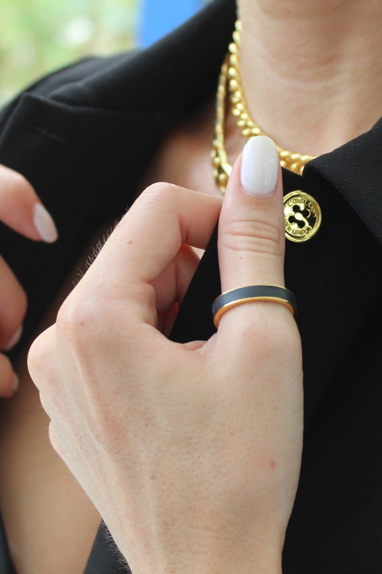 Gold Finish Black Enamel Ring In Sterling Silver