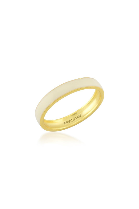 Gold Finish Cream Enameled Ring In Sterling Silver