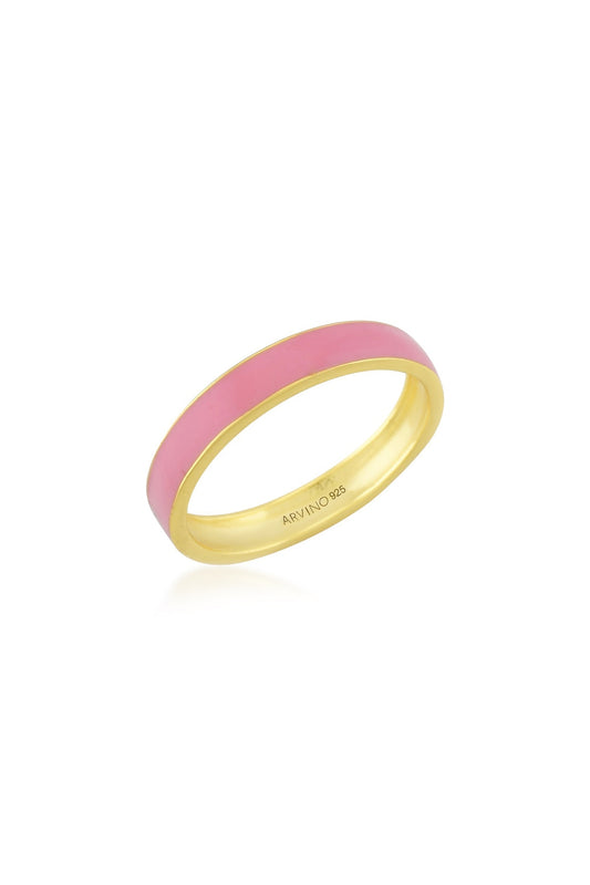 Gold Finish Pink Enameled Ring In Sterling Silver