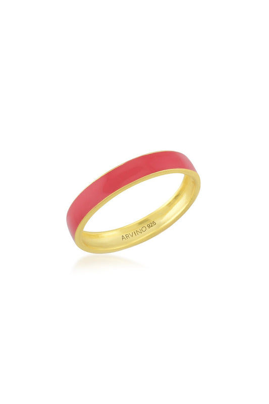 Gold Finish Red Enameled Ring In Sterling Silver