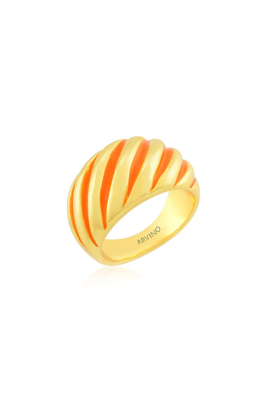 Gold Finish Orange Enameled Croissant Ring