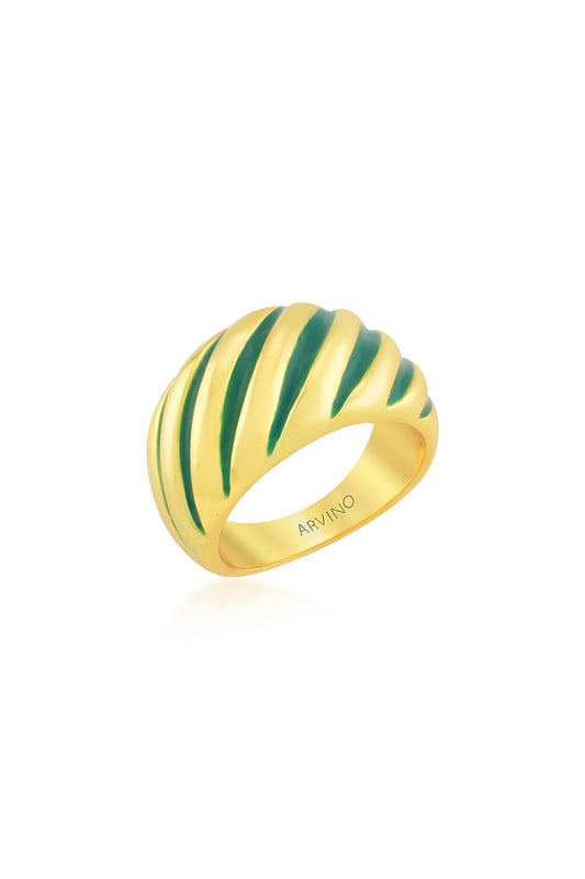 Gold Finish Dark Green Enameled Croissant Ring