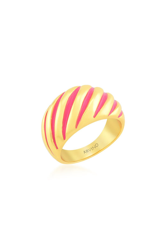 Gold Finish Pink Enameled Croissant Ring