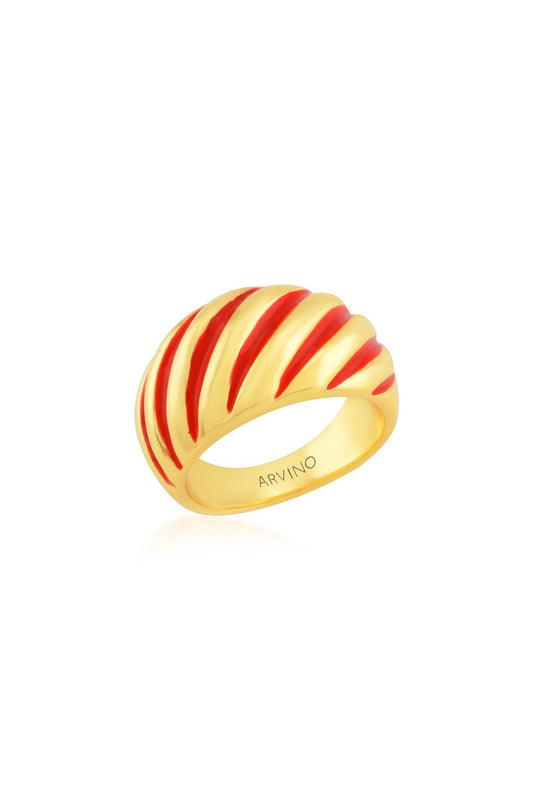 Gold Finish Red Enameled Croissant Ring