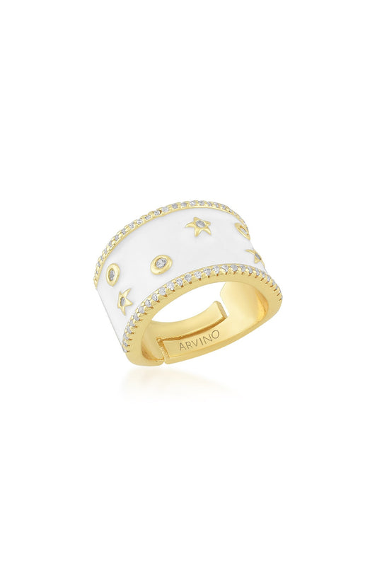 Gold Finish White Enameled Ring