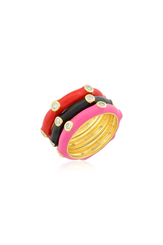 Gold Finish Enameled Rings (Set Of 3)