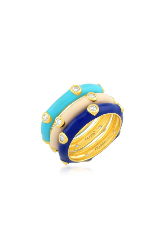 Gold Finish Zircon Enameled Rings (Set Of 3)