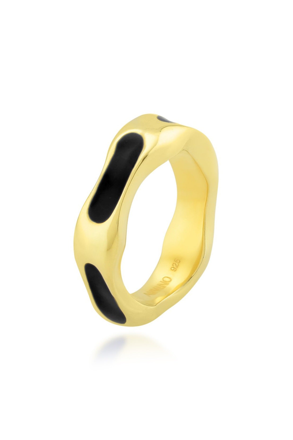 Gold Finish Textured Black Enameled Ring In Sterling Silver