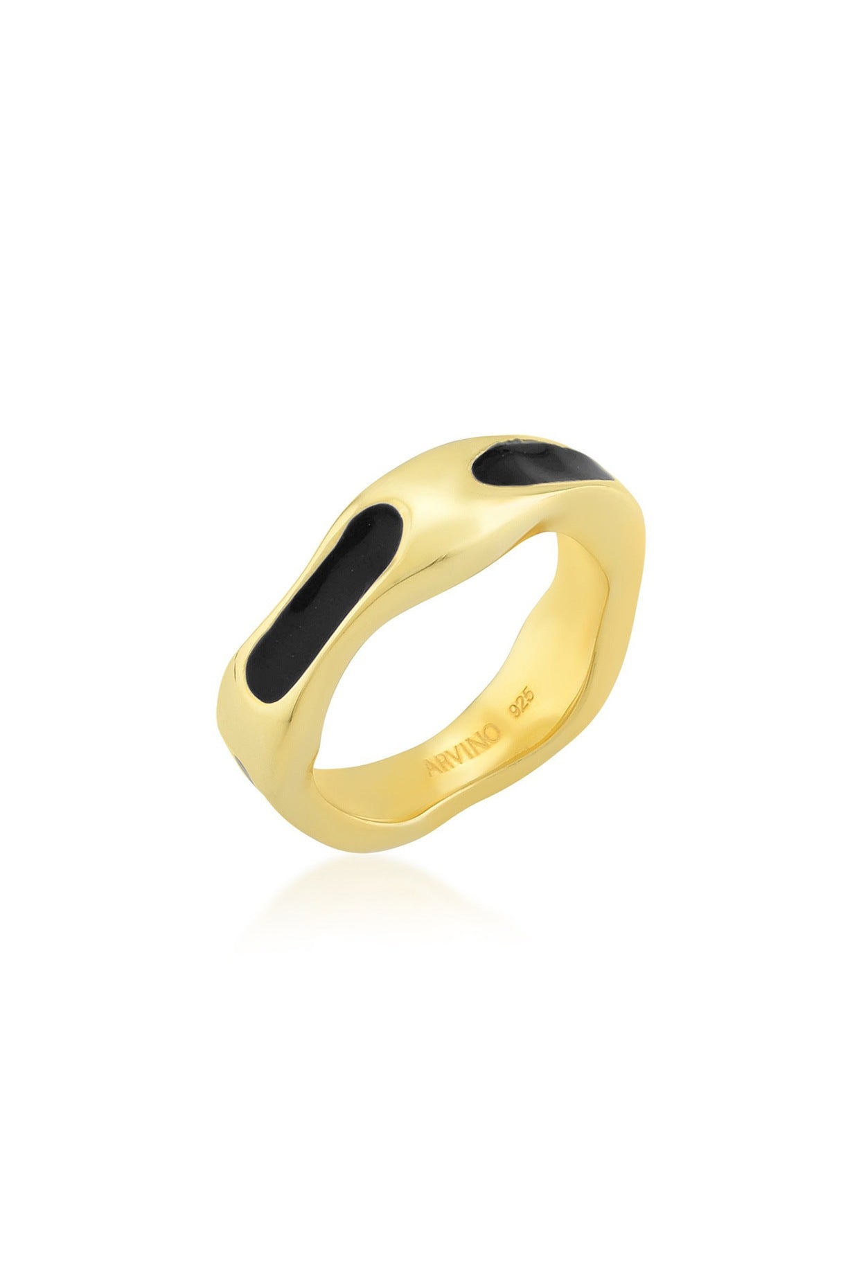 Gold Finish Textured Black Enameled Ring In Sterling Silver