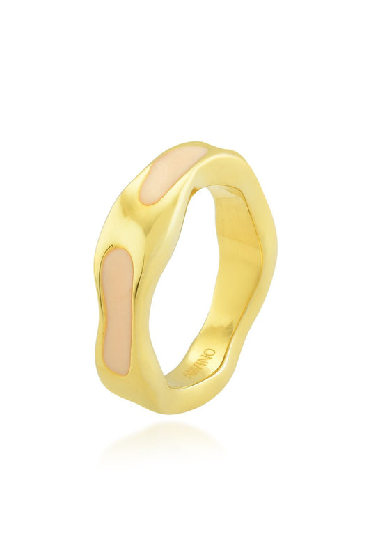 Gold Finish Textured Cream Enameled Ring In Sterling Silver