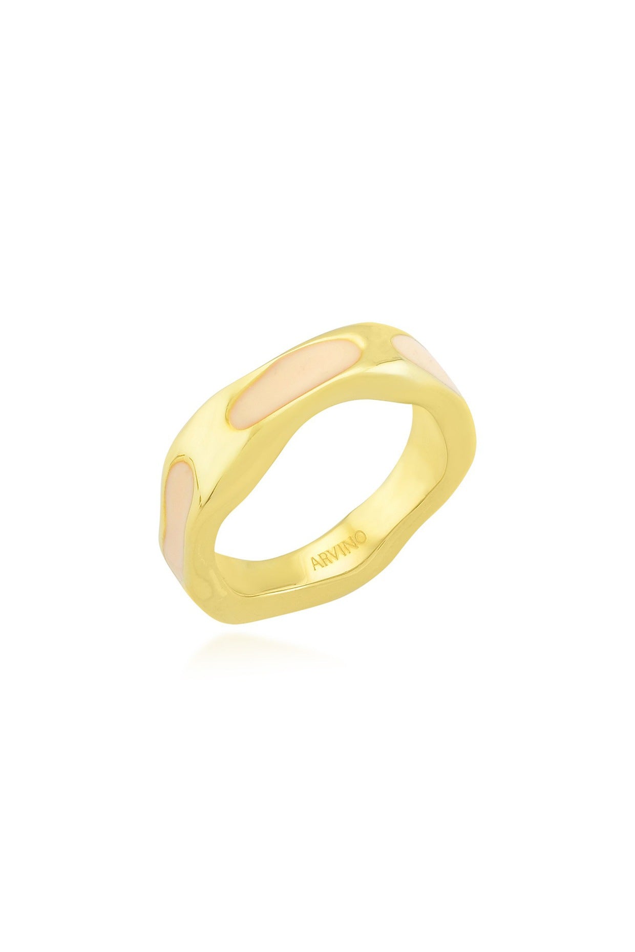 Gold Finish Textured Cream Enameled Ring In Sterling Silver