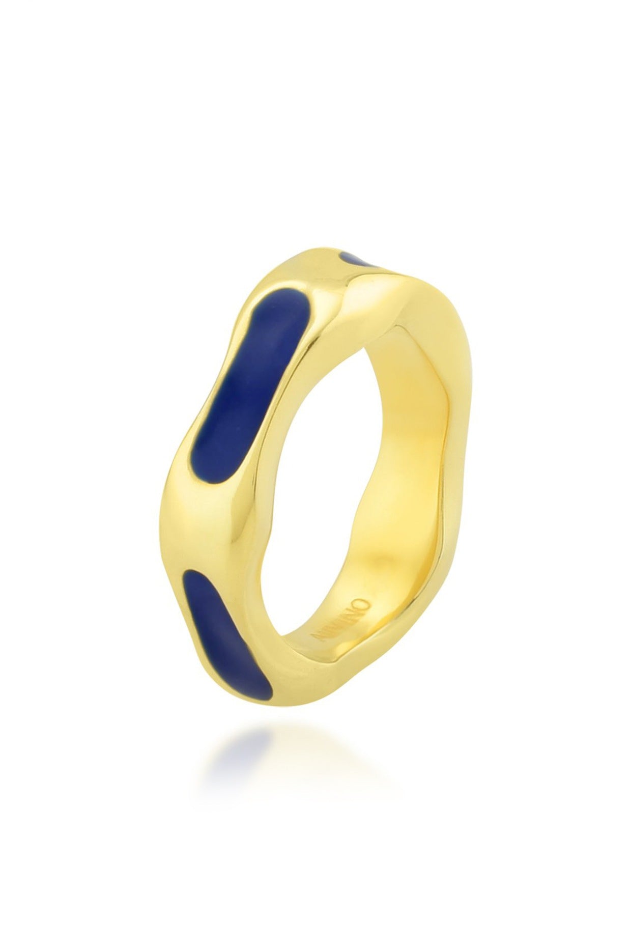 Gold Finish Textured Dark Blue Enameled Ring In Sterling Silver