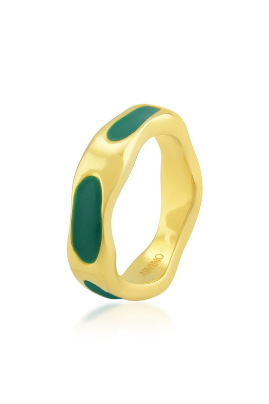 Gold Finish Textured Dark Green Enameled Ring In Sterling Silver