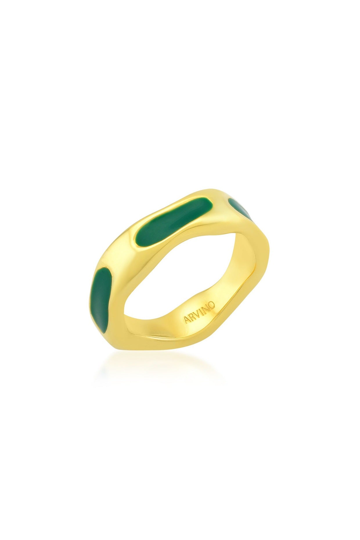 Gold Finish Textured Dark Green Enameled Ring In Sterling Silver