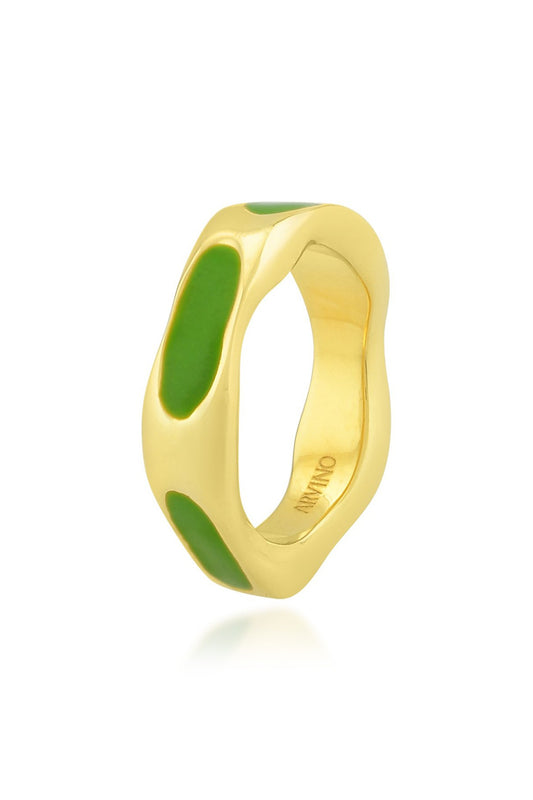 Gold Finish Textured Light Green Enameled Ring In Sterling Silver