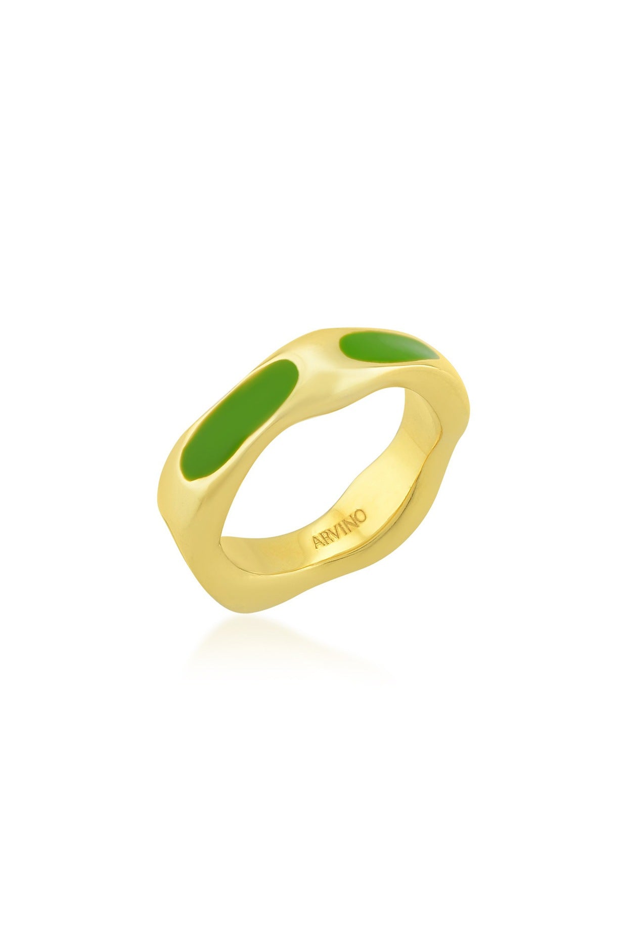 Gold Finish Textured Light Green Enameled Ring In Sterling Silver