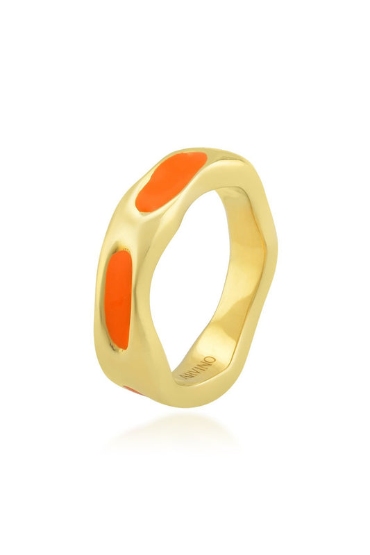 Gold Finish Textured Orange Enameled Ring In Sterling Silver