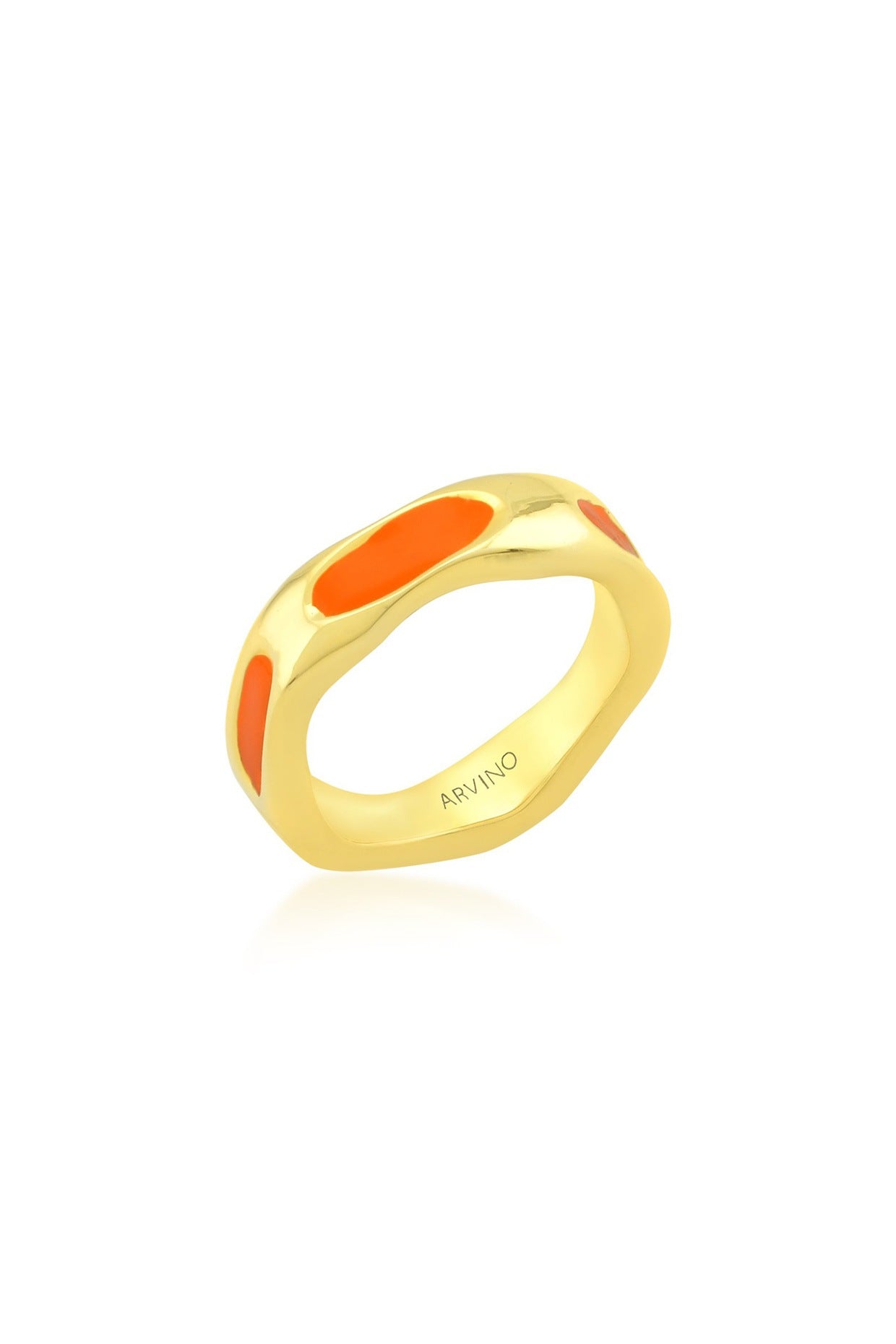 Gold Finish Textured Orange Enameled Ring In Sterling Silver