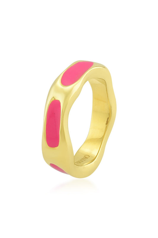 Gold Finish Textured Pink Enameled Ring In Sterling Silver