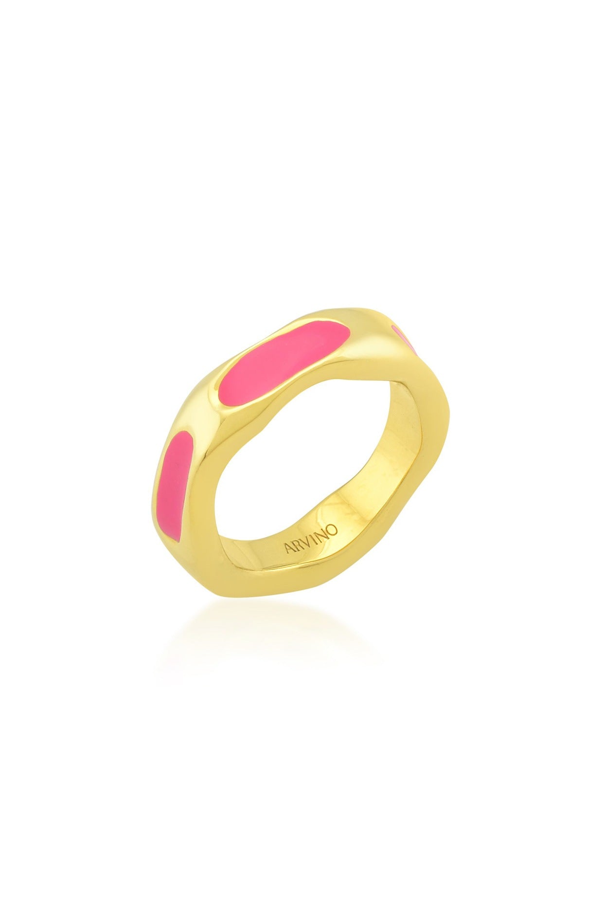 Gold Finish Textured Pink Enameled Ring In Sterling Silver