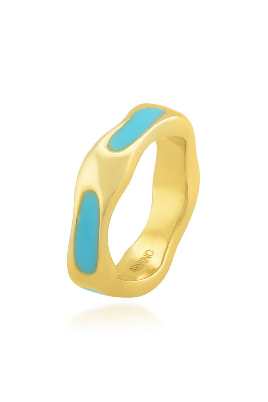 Gold Finish Textured Sky Blue Enameled Ring In Sterling Silver