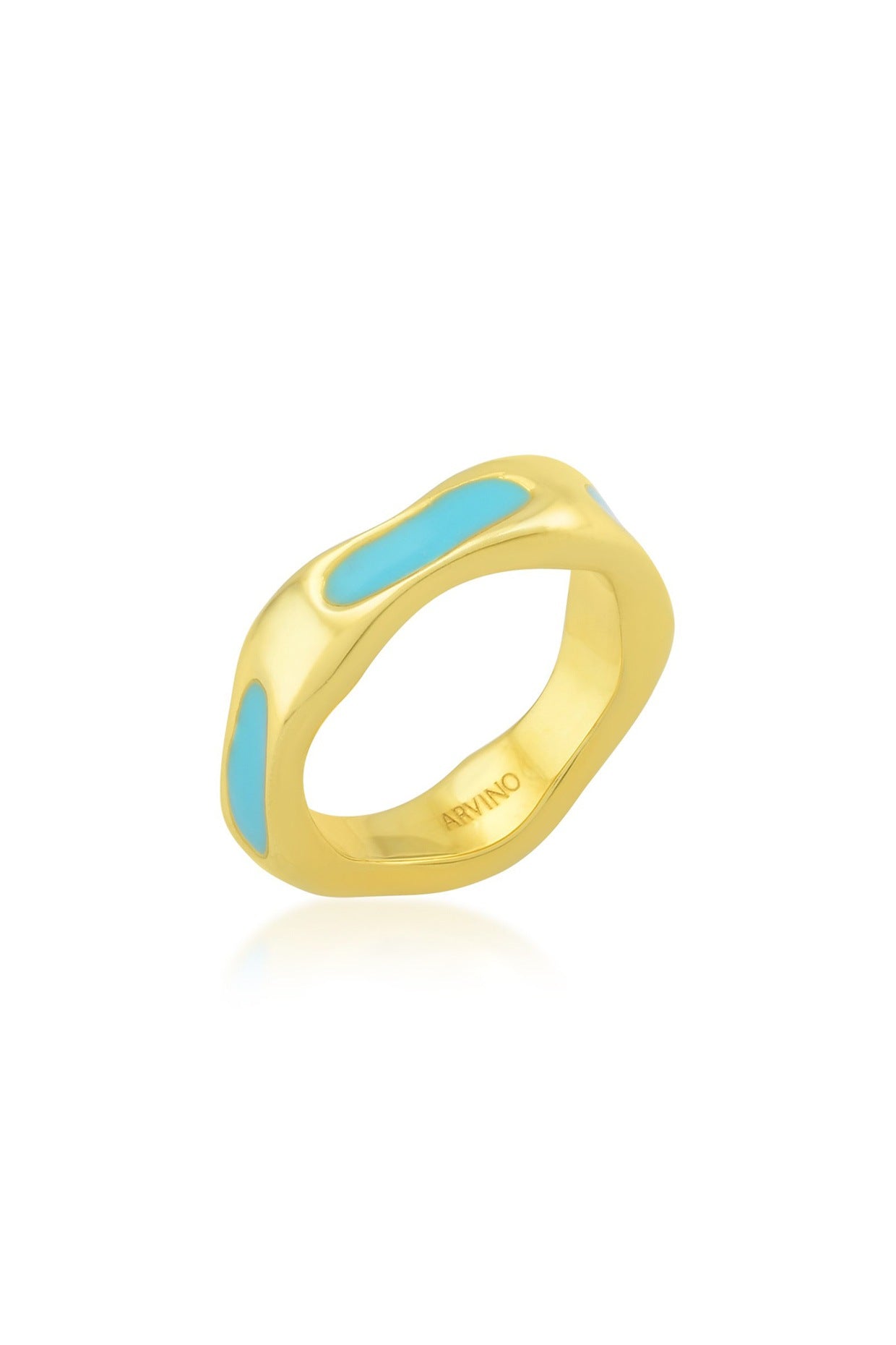 Gold Finish Textured Sky Blue Enameled Ring In Sterling Silver