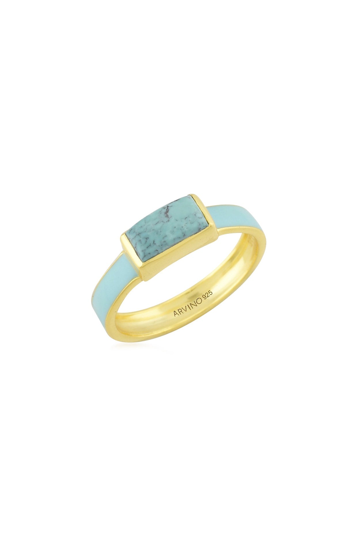 Gold Finish Textured Turquoise Enameled Ring In Sterling Silver