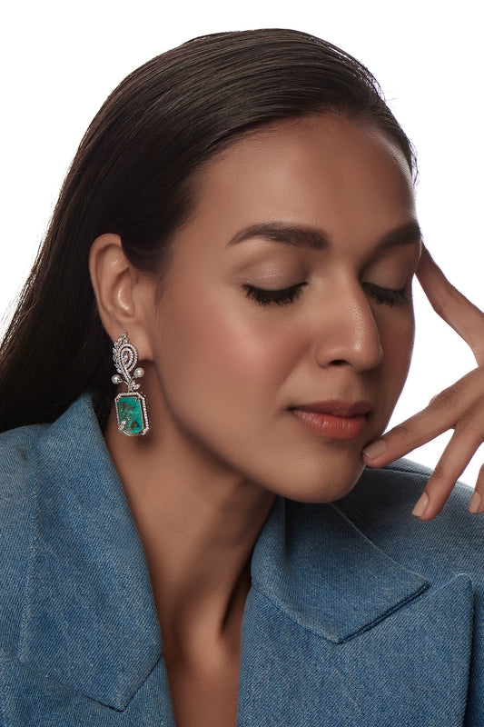 White Finish Zircon & Aqua Doublet Stone Dangler Earrings
