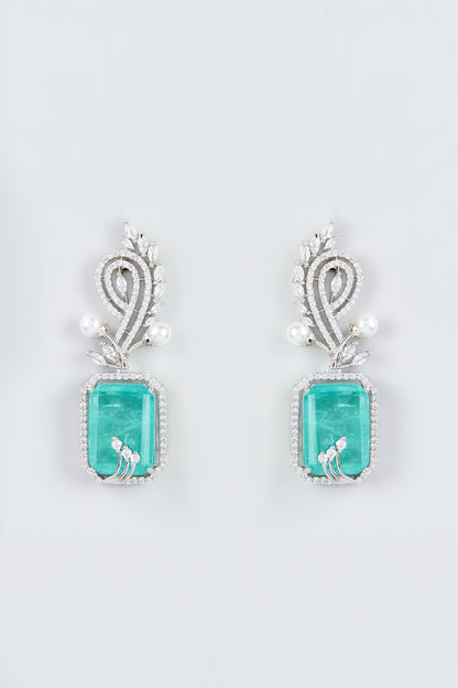 White Finish Zircon & Aqua Doublet Stone Dangler Earrings