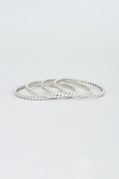 White Finish Bangles With Faux Diamond (Set Of 4)