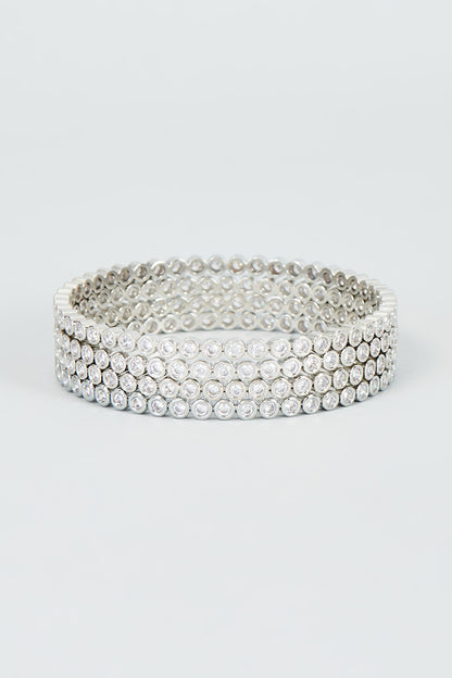 White Finish Bangles With Faux Diamond (Set Of 4)