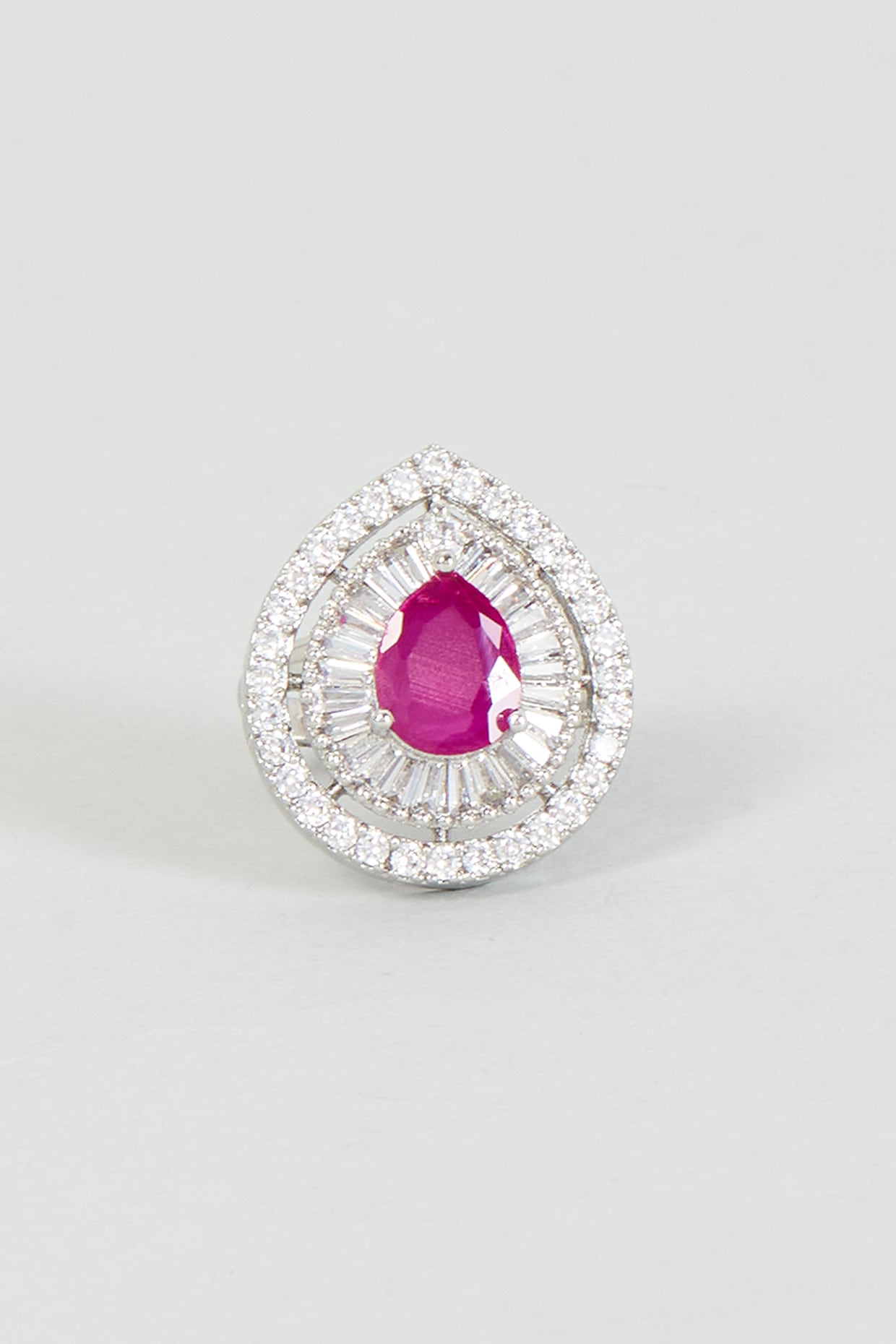 White Finish Zircon & Red Stone Ring