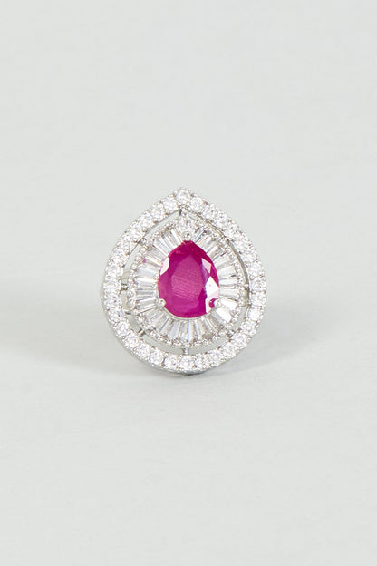 White Finish Zircon & Red Stone Ring