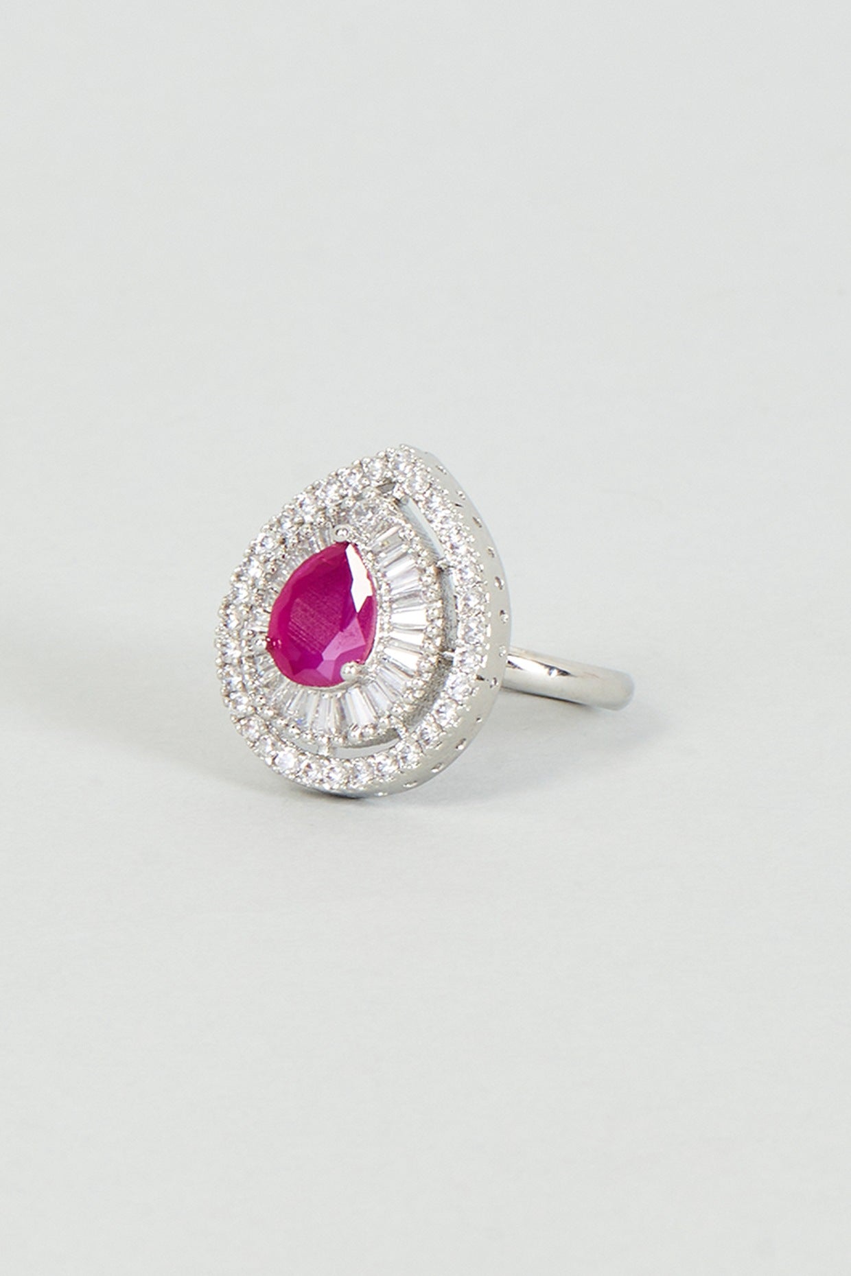 White Finish Zircon & Red Stone Ring