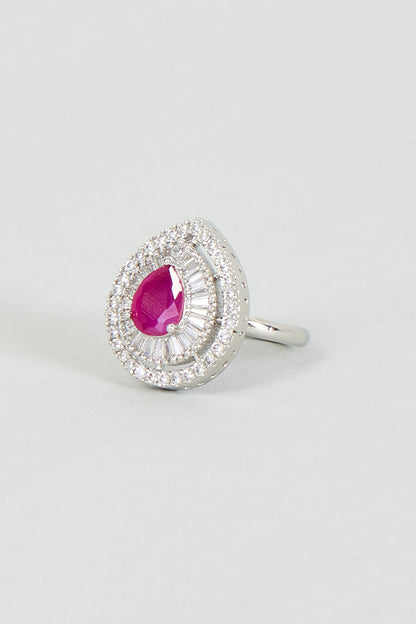 White Finish Zircon & Red Stone Ring