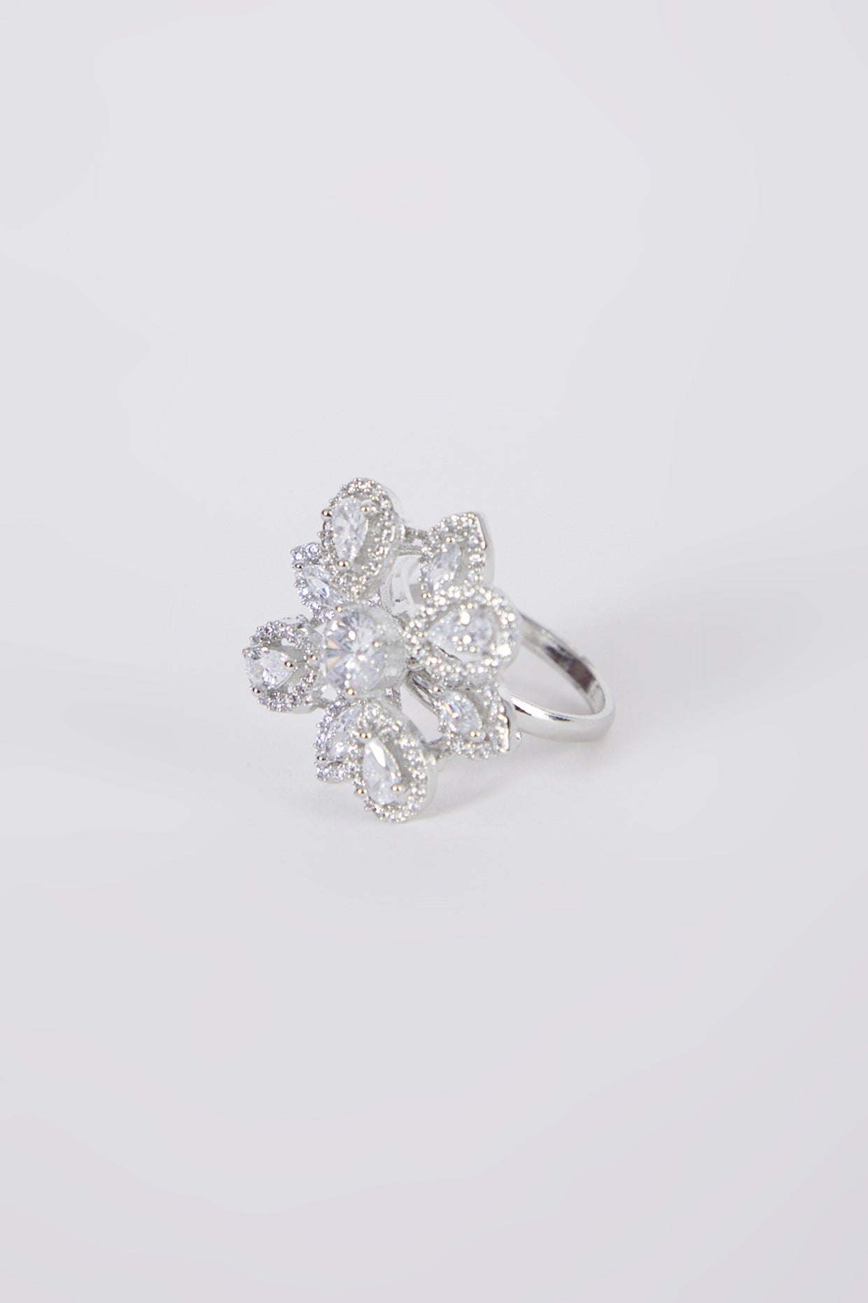 White Finish Diamond Floral Ring