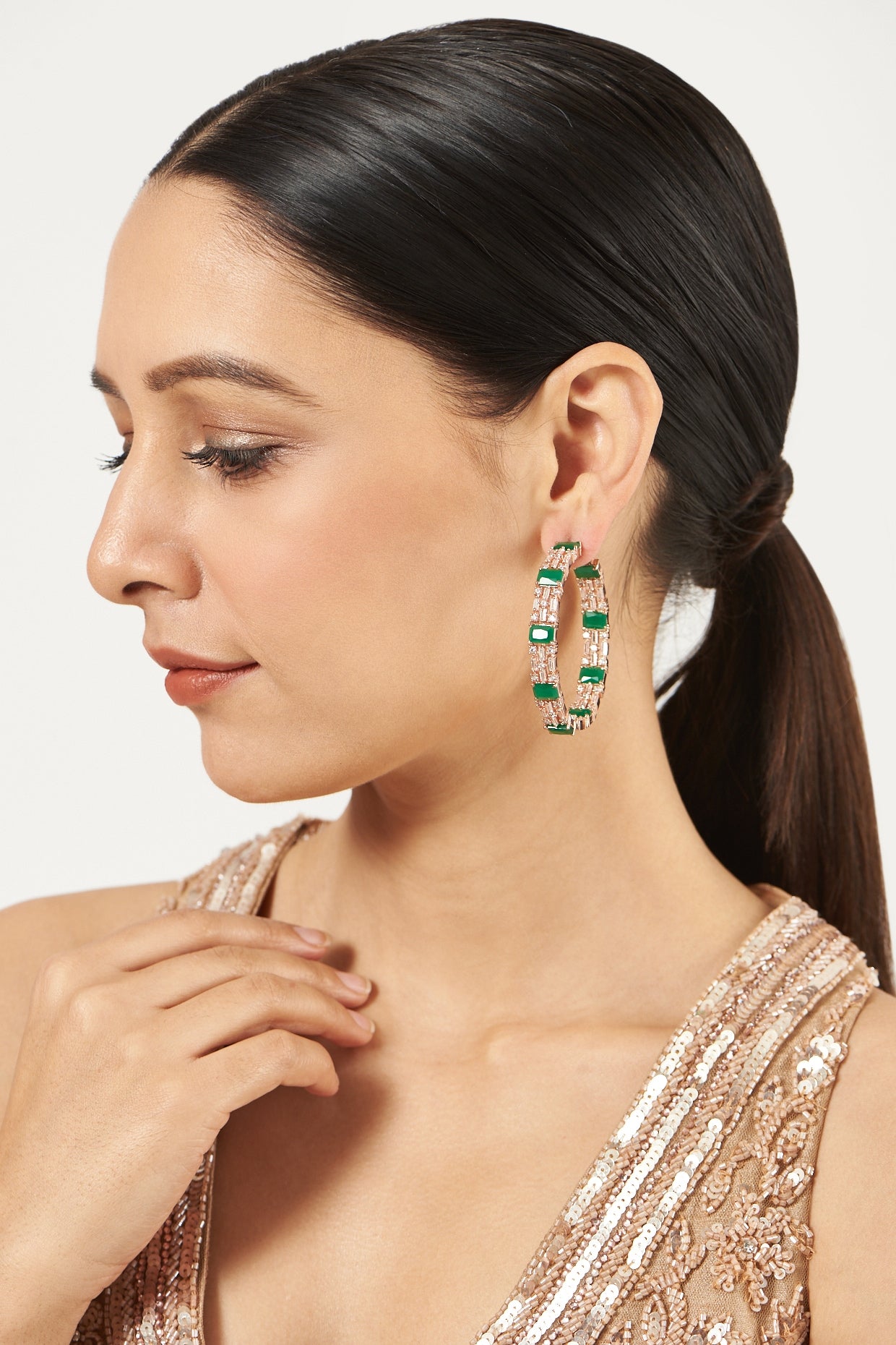 Rose Gold Finish Green Synthetic Stone & Zircon Hoop Earrings