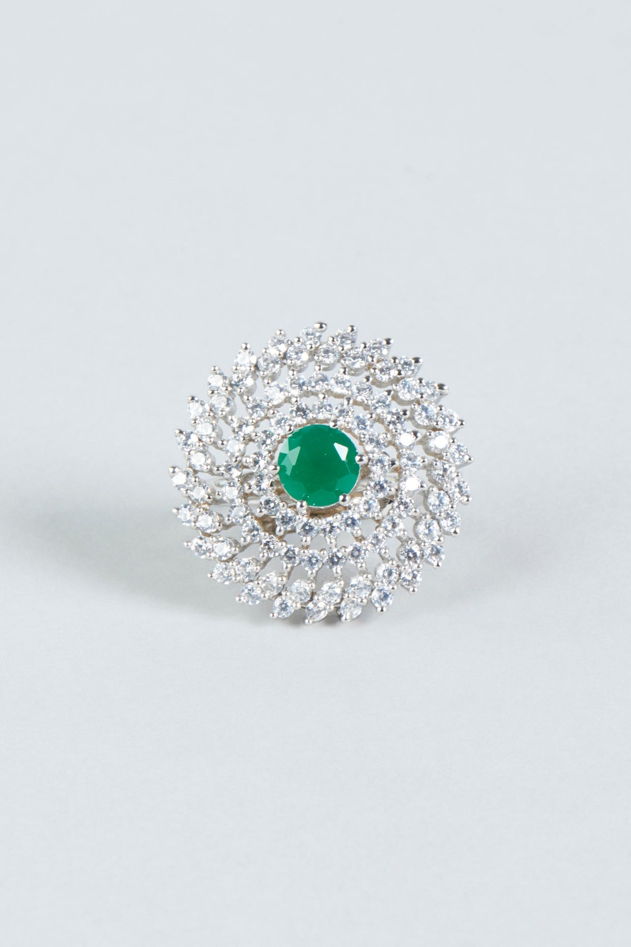 White Finish Green Stone Ring