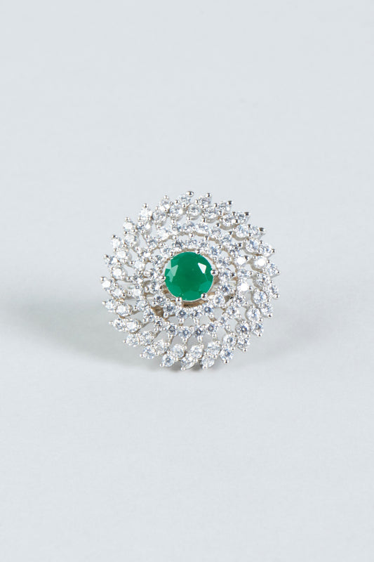 White Finish Green Stone Ring