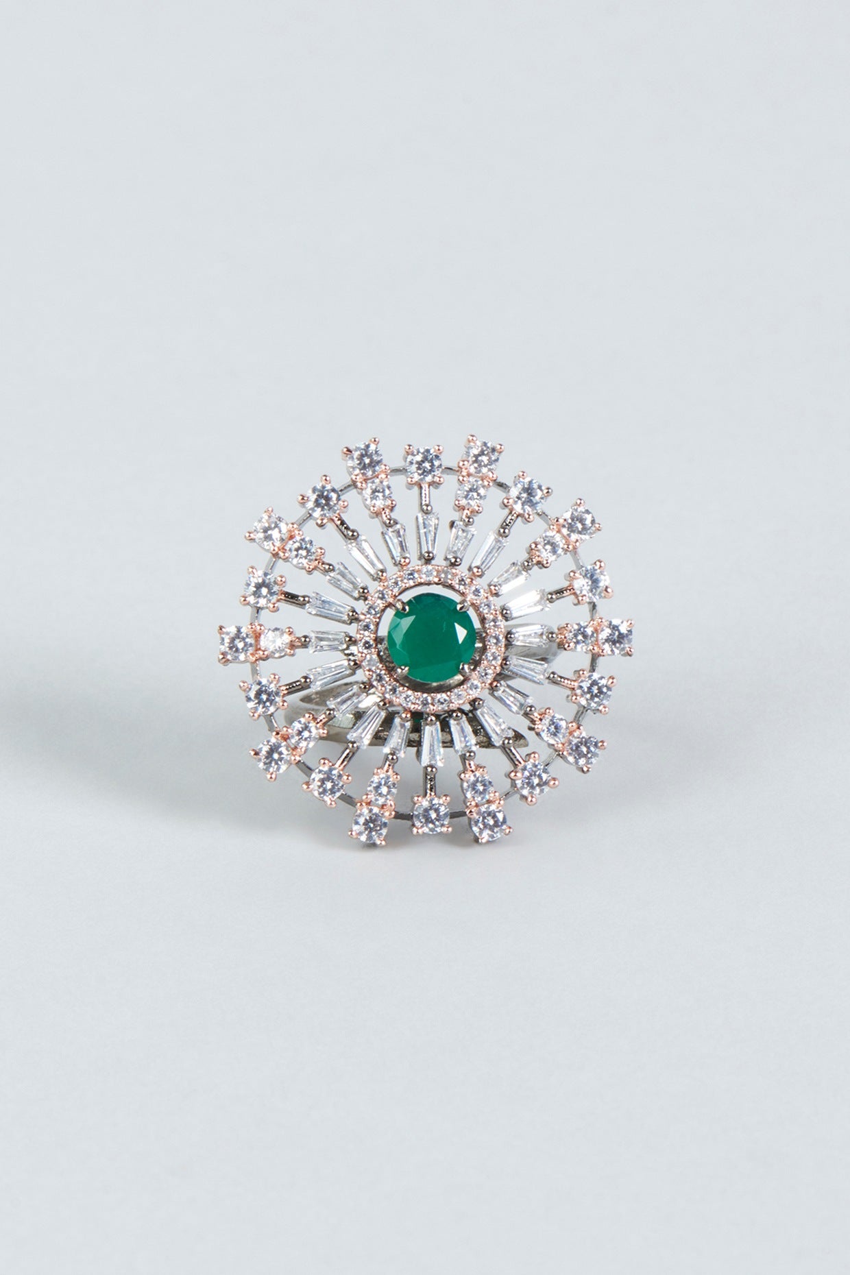 Two Tone Finish Green Stone & Faux Diamond Ring