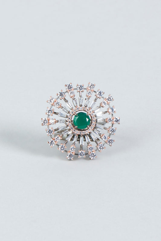 Two Tone Finish Green Stone & Faux Diamond Ring