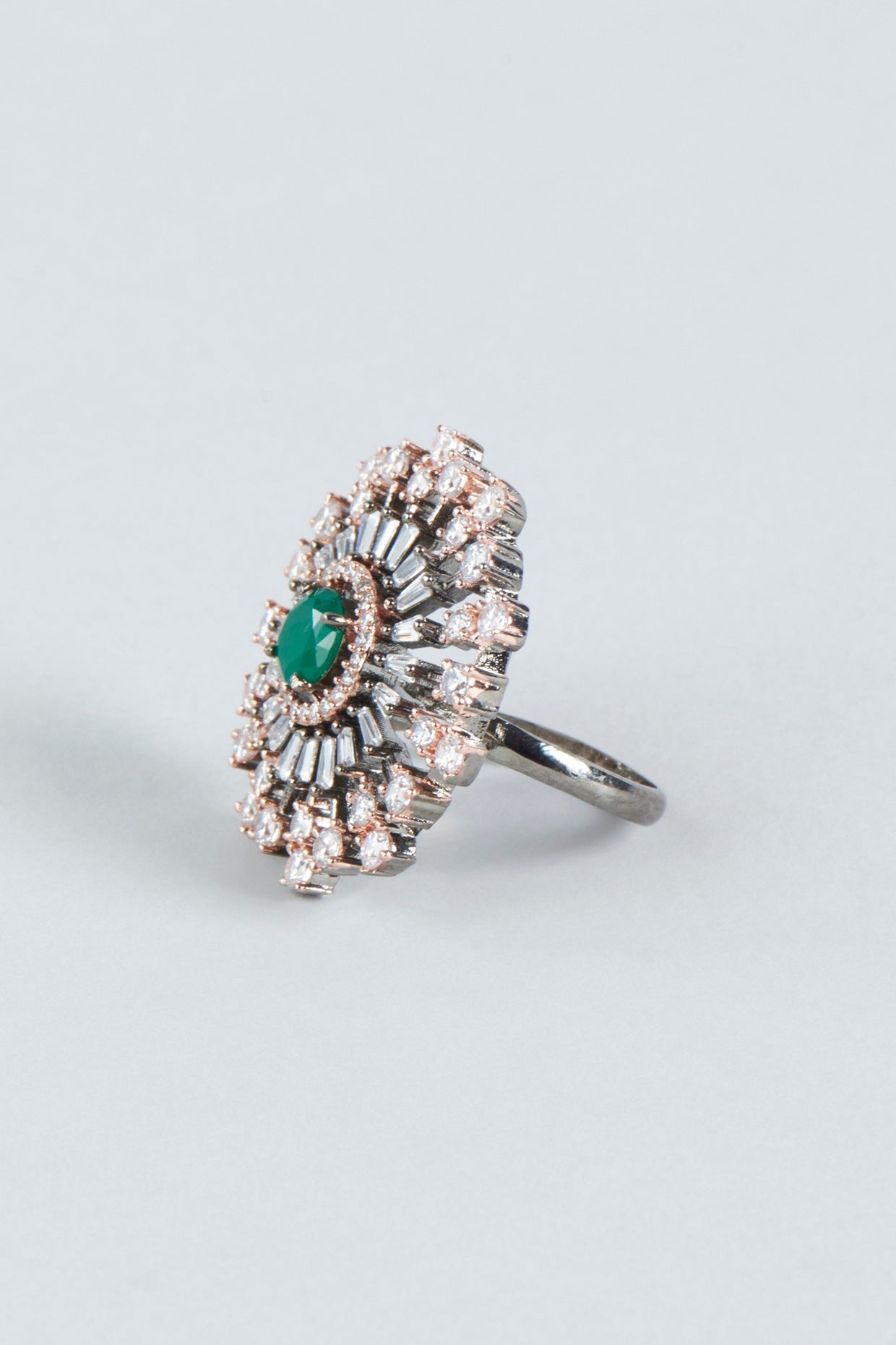 Two Tone Finish Green Stone & Faux Diamond Ring