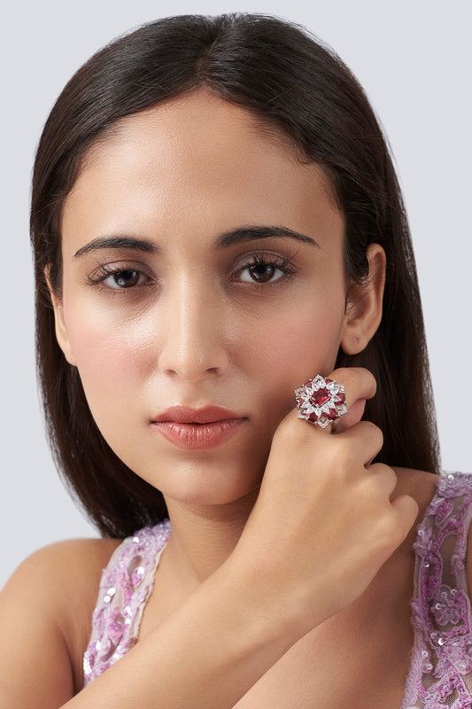 White Finish Faux Diamond & Red Stone Ring