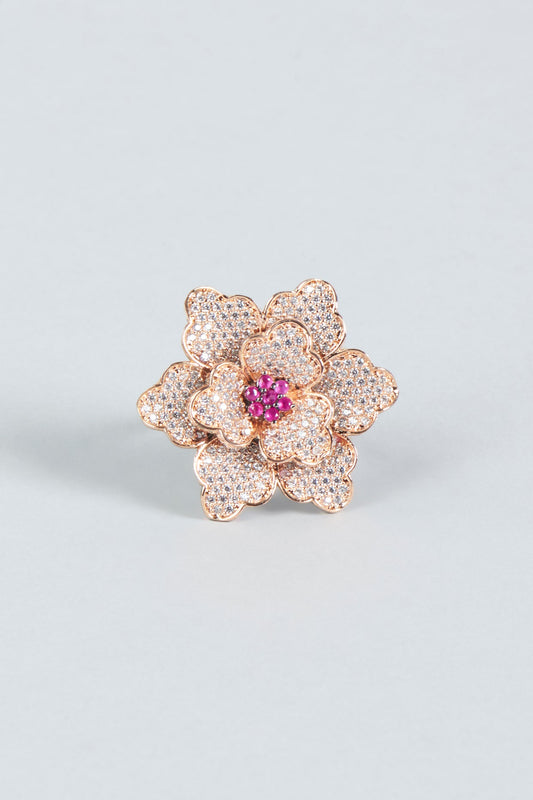 Rose Gold Finish Red Stone & Zircon Ring