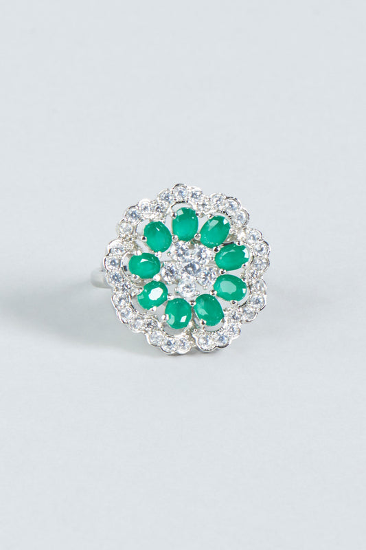 White Finish Green Stone Floral Ring