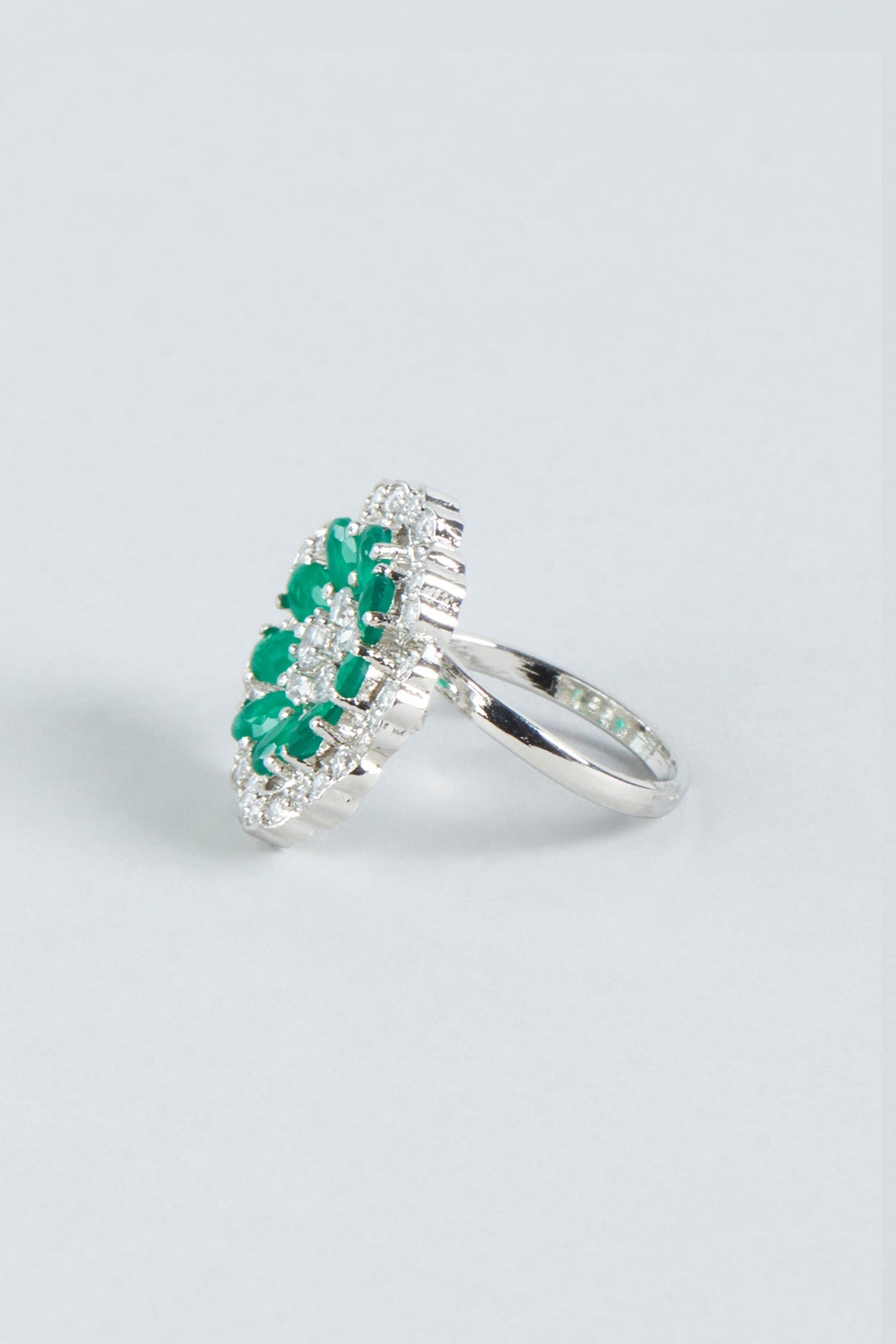 White Finish Green Stone Floral Ring