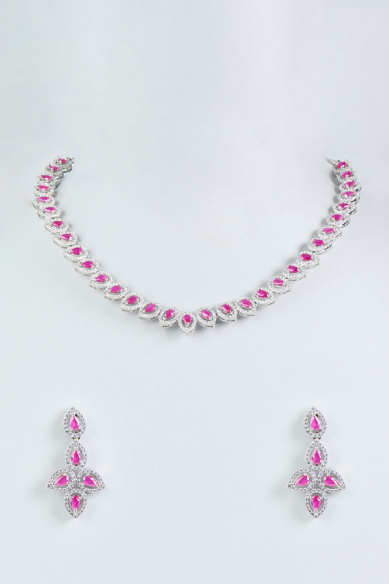 White Finish Zircon & Pink Stone Necklace Set