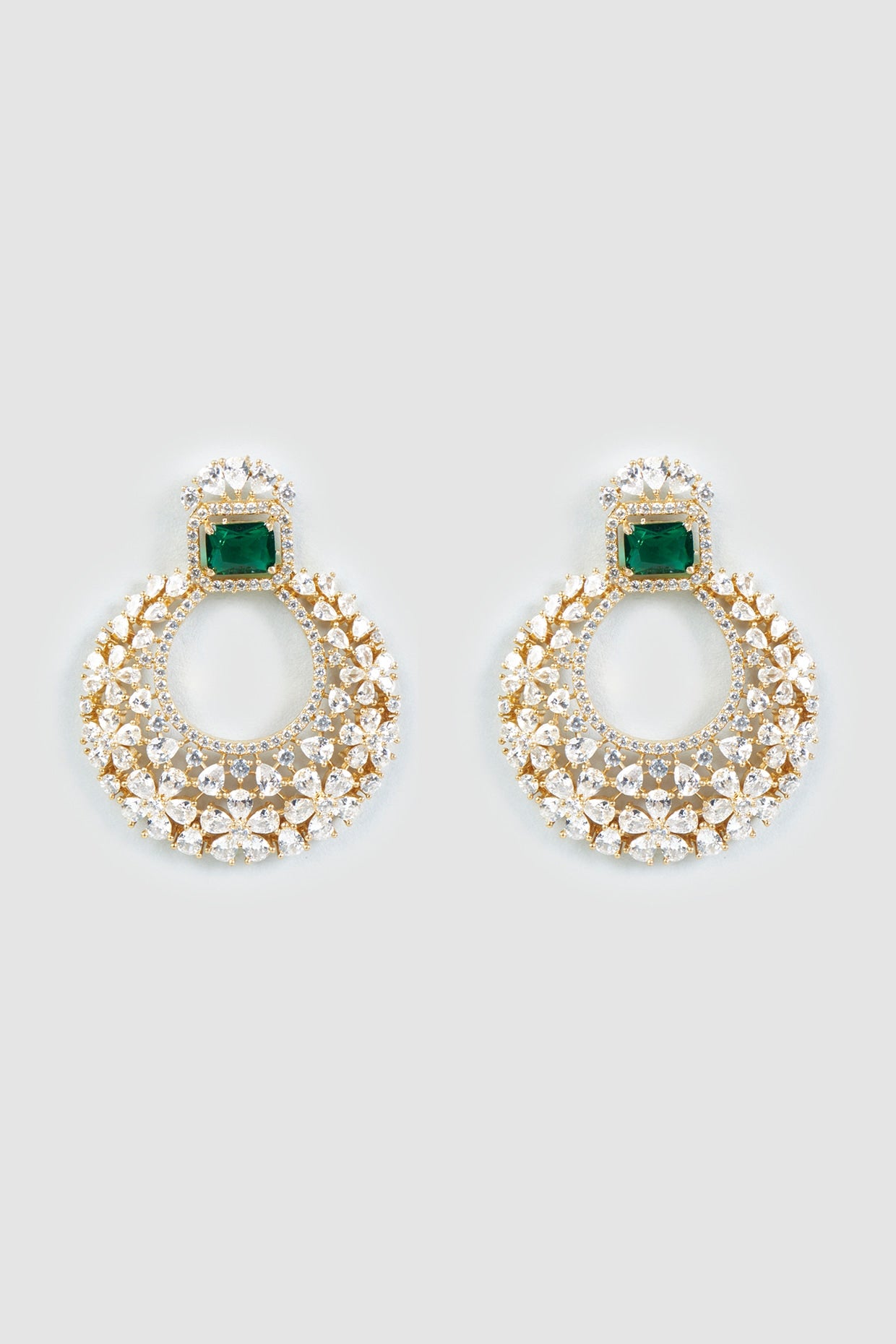 Gold Finish Faux Diamond & Emerald Synthetic Stone Earrings