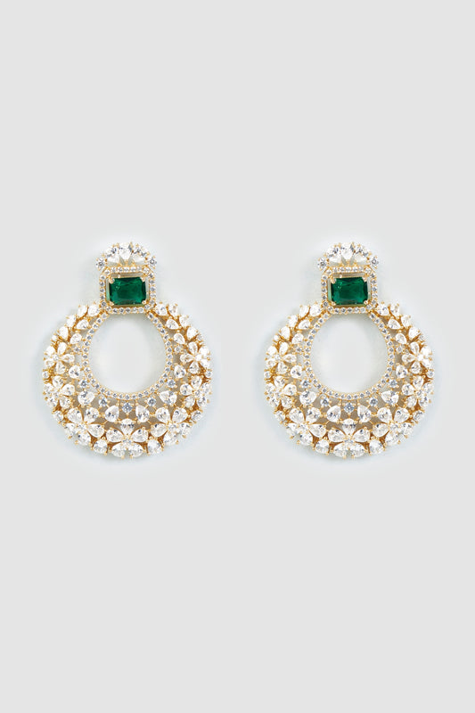 Gold Finish Faux Diamond & Emerald Synthetic Stone Earrings